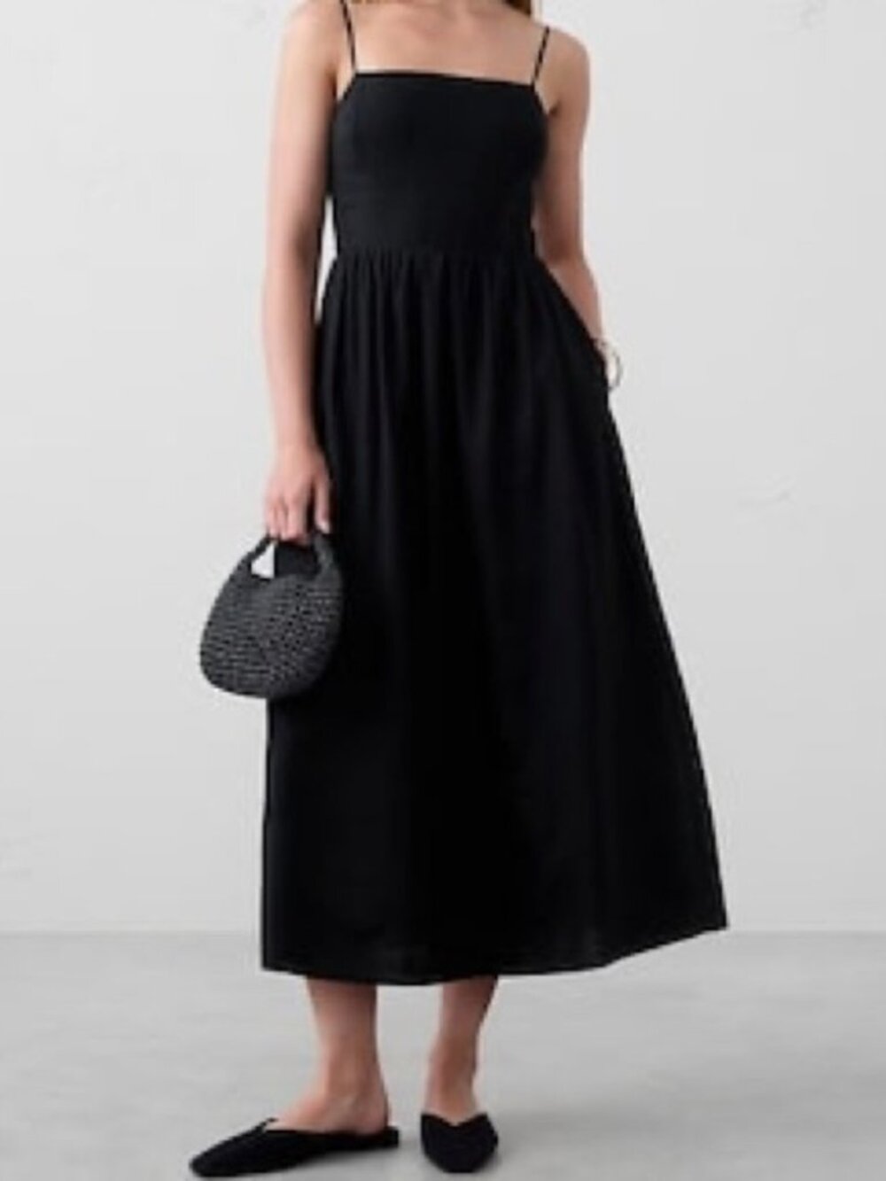 Linen-Blend Seamed-Bodice Midi Dress